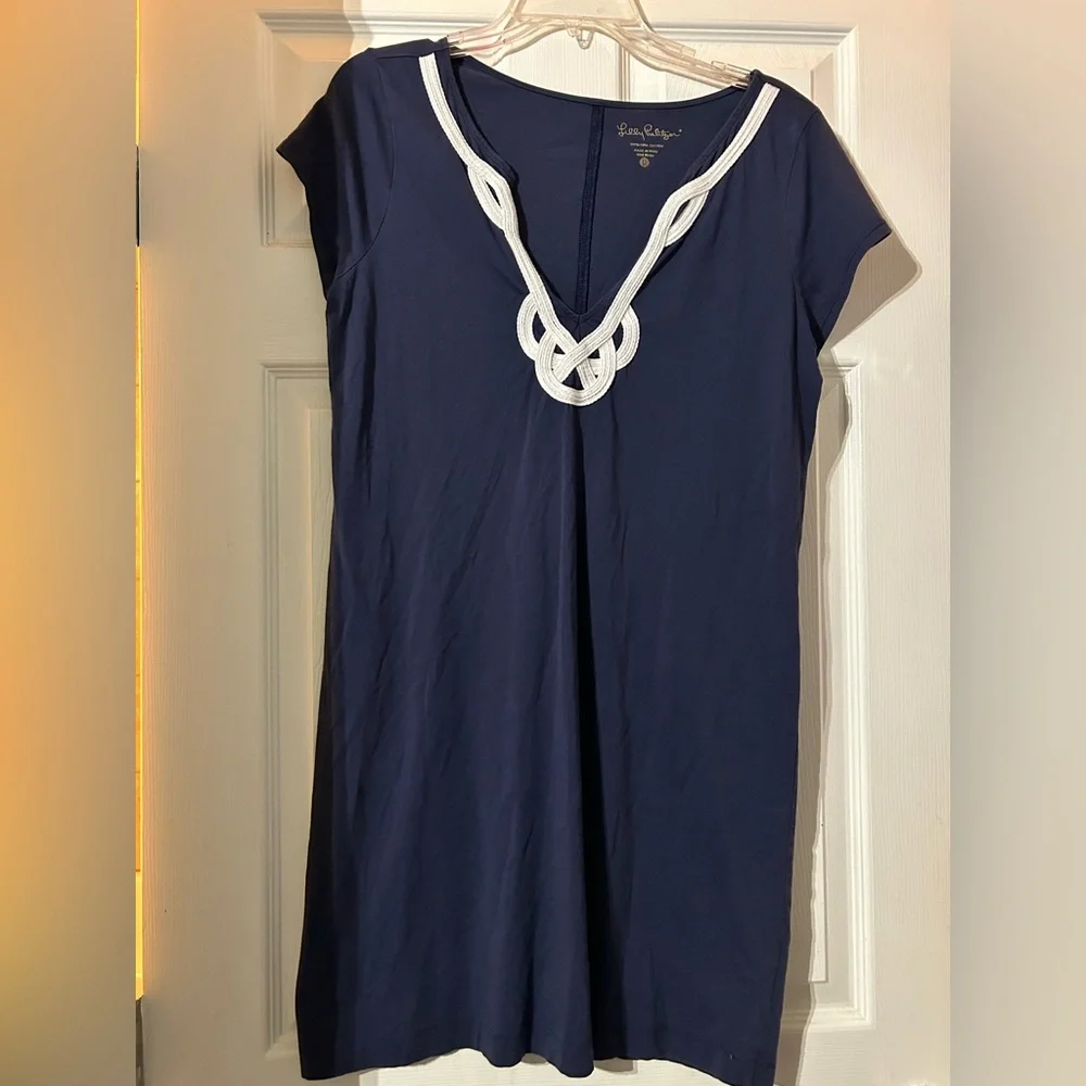 Lilly Pulitzer Navy Rope-Trim V-Neck Nightgown Dress VGUC Nautical Large - Picture 2 of 3